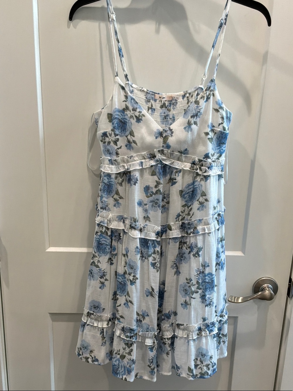 miami Medium White Dress Blue Floral Print Adjustable Straps Mini